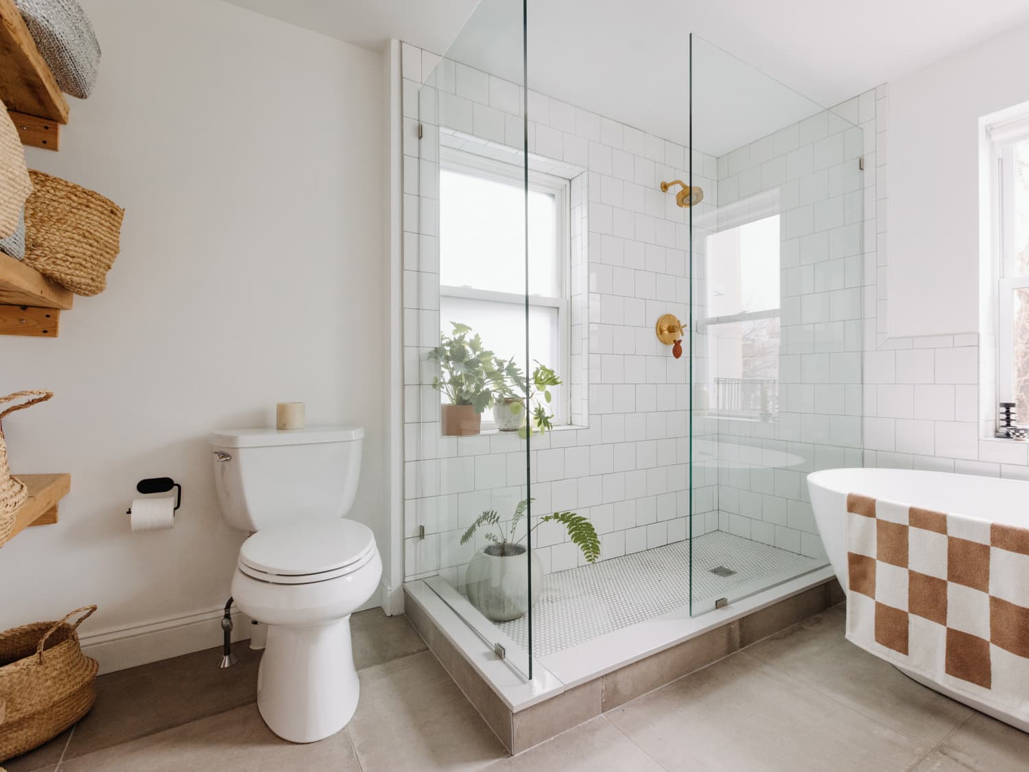 Walk in shower with built in seat outlet